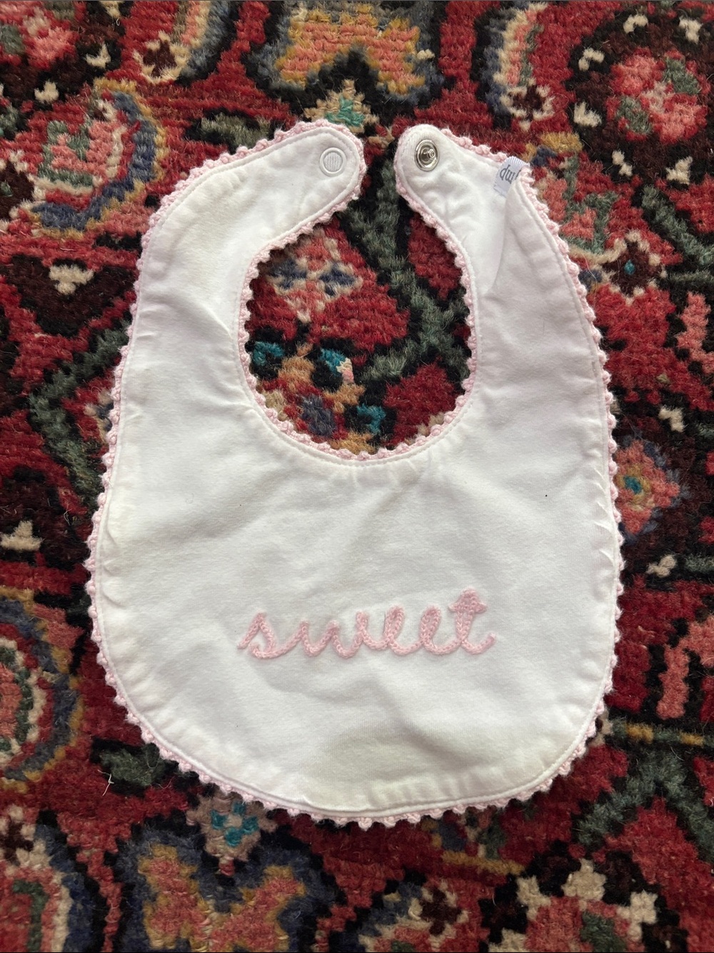 Mud Pie White Baby Bib with Pink Trim & Embroidered Sweet